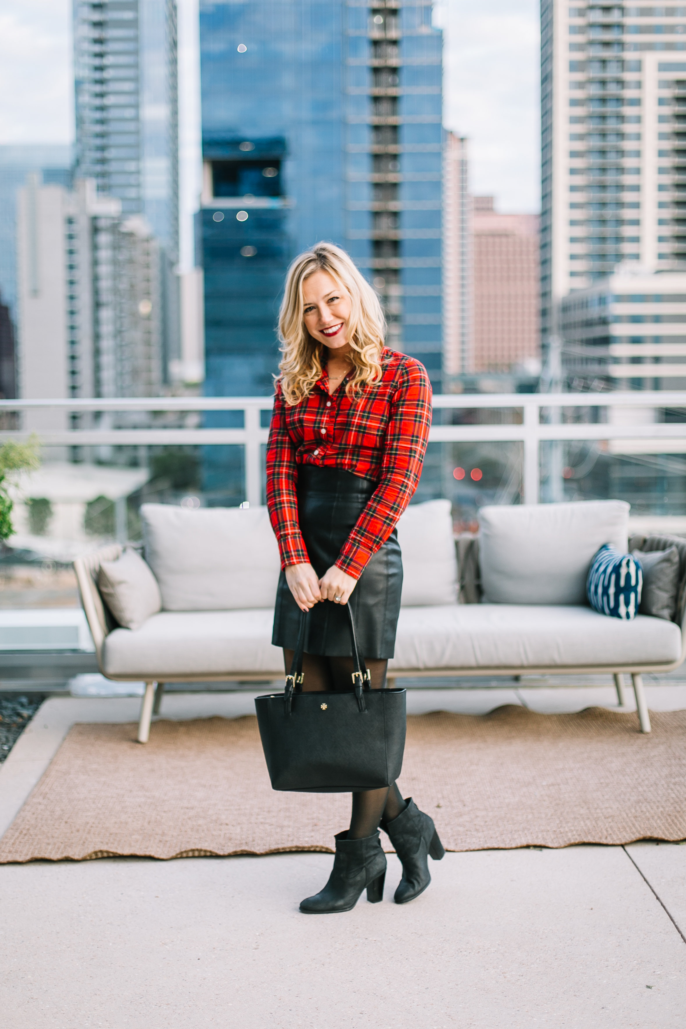 the-autumn-girl-black-leather-shirt-black-booties-red-plaid-blouse