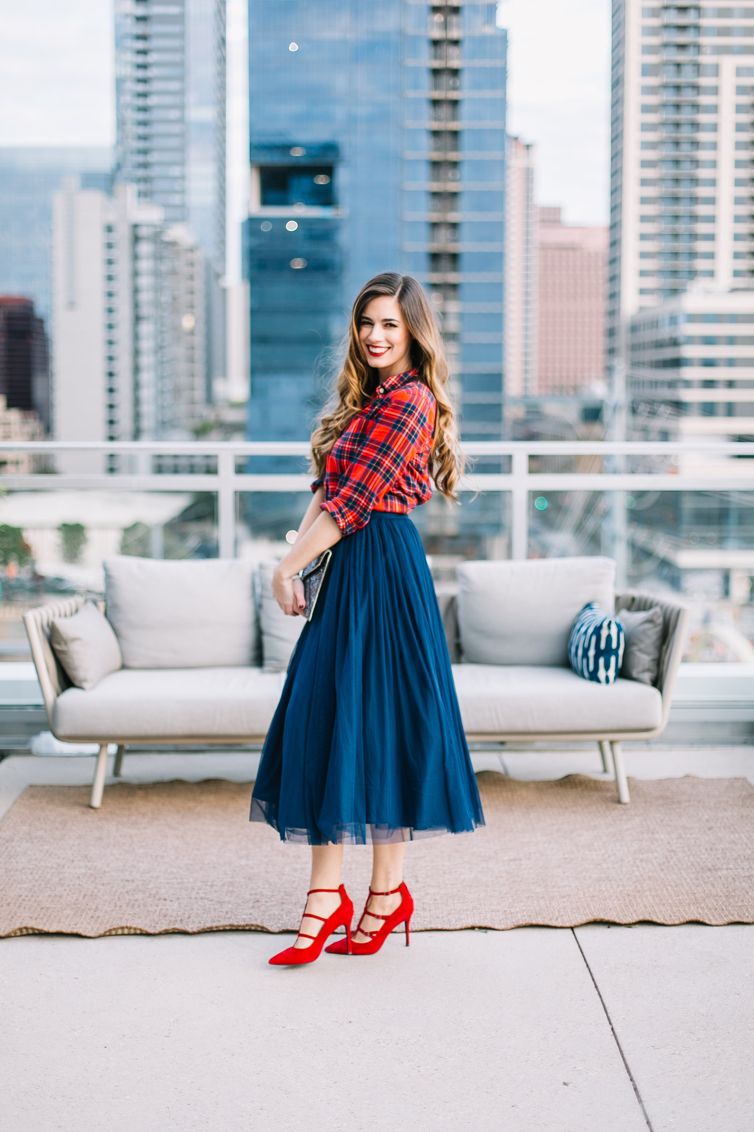 by-hilary-rose-blue-tulle-skirt-red-plaid-shirt-red-heels