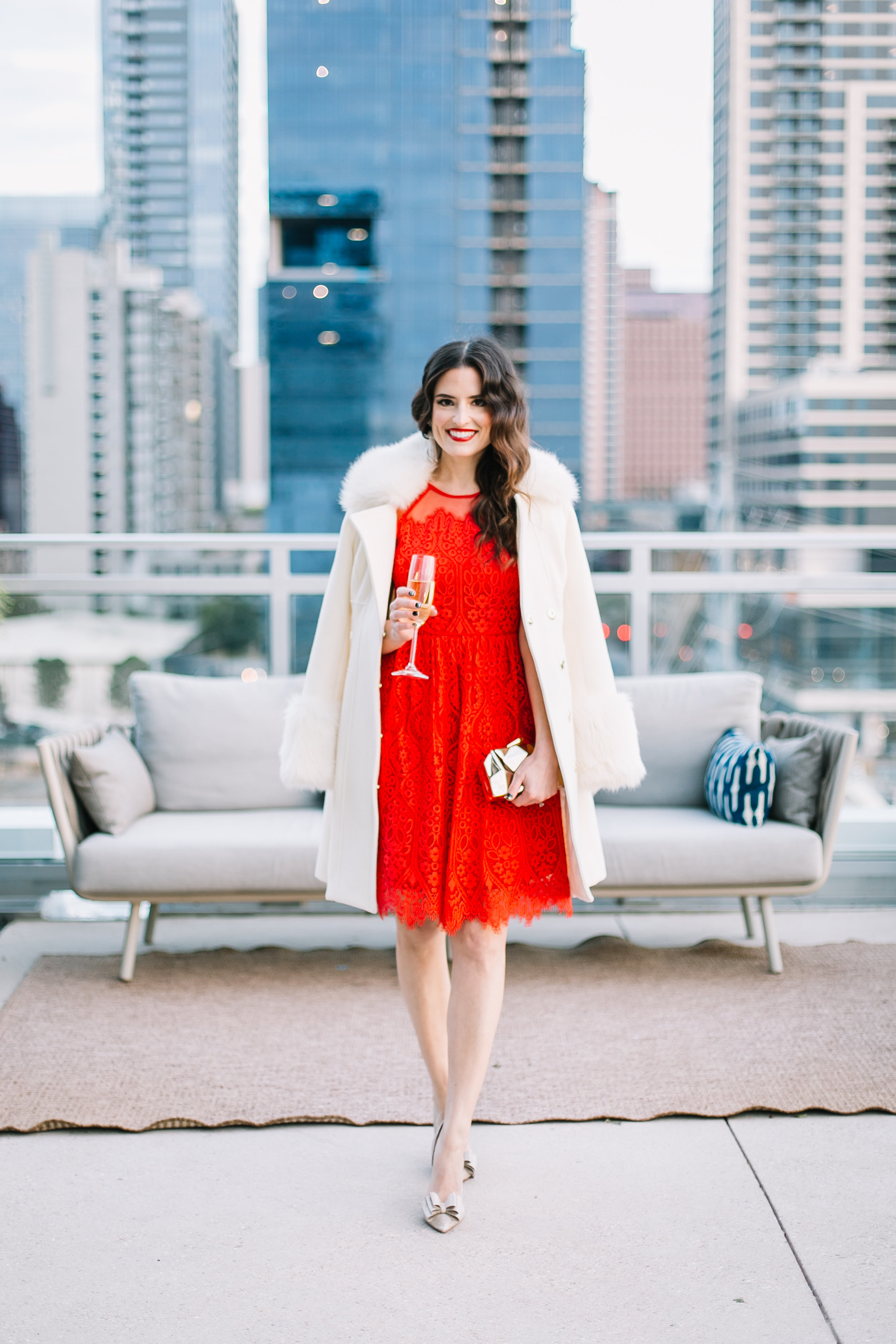 style-beacon-red-lace-dress-white-fur-jacket-sparkly-heels