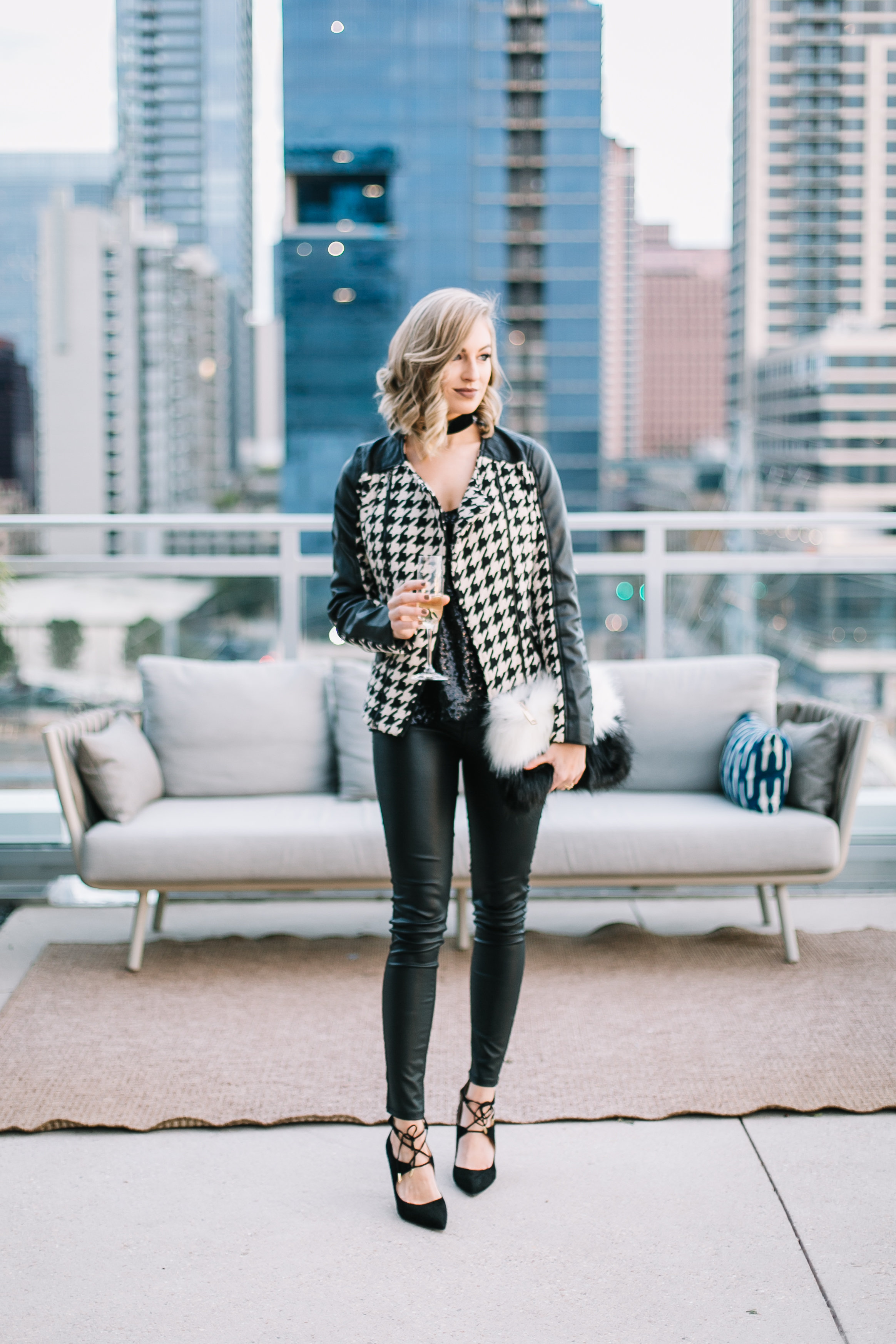 its-me-haylee-black-faux-leather-pants-sequin-top-houndstooth-jacket-black-choker-black-lace-up-heels