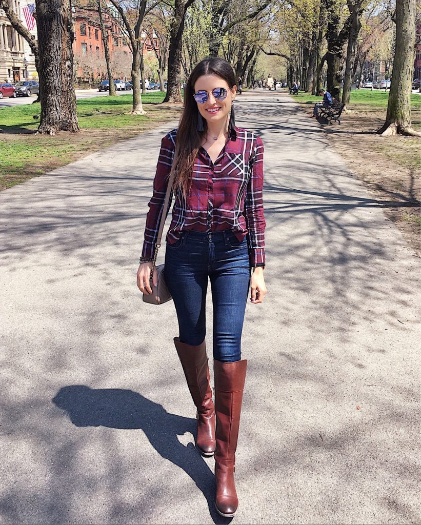 style-beacon-michelle-kuta-zuzek-fashion-blogger-travel-boston-commonwealth-ave-foxcroft-long-sleeve-button-up-herringbone-citizens-of-humanity-rocket-sculpt-highrise-skinny-jean-vince-camuto-riding-boots-gucci-marmont-matelasse-shoulder-bag-ray-ban-icons-50mm-round-lilac-mirror-lens-simple-strand-totally-tasseled-gray-earring-daniel-wellington-classic-black-sheffield-40mm-watch